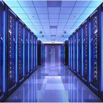 Modern data center with blue lighting